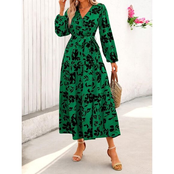 PrettyGarden Womens Green Polyester V Neck Long Sleeve Ruffle Floral Maxi Dress - Picture 2 of 2